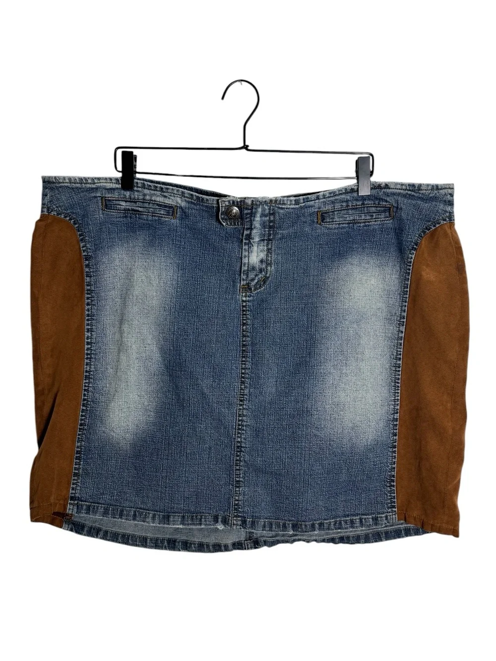 Vintage Y2K Dollhouse Denim Mini Skirt Brown Suede Panels Stretch